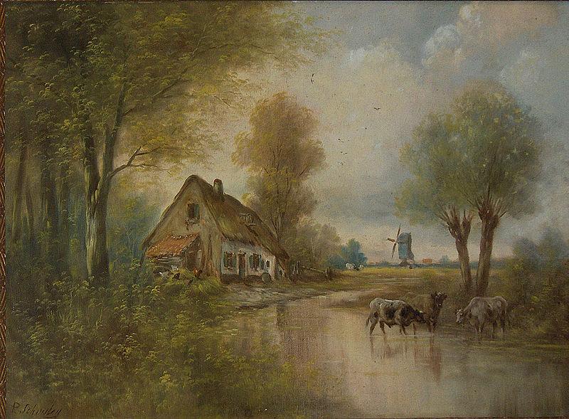 unknow artist Landscape with cows small farm and windmill oil painting picture